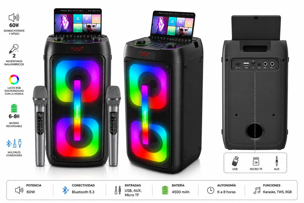 Vuxen: Bocina para Karaoke Bluetooth Portátil con 2 Micrófonos Inalámbricos